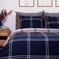 Pościel Vella Flanelowa Niebiesko-Bezowa W Krate 200X220 Cm + 2 X 50X60 Cm