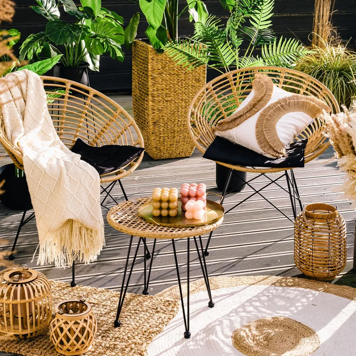 Zestaw Mebli Leuca Boho Plecione Naturalne Z Dwiema Poduszkami 3 Szt.